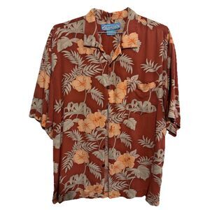 Bermuda Bay Hawaiian Shirt Mens XL Red Silk Jungle Floral Print Very Nice!